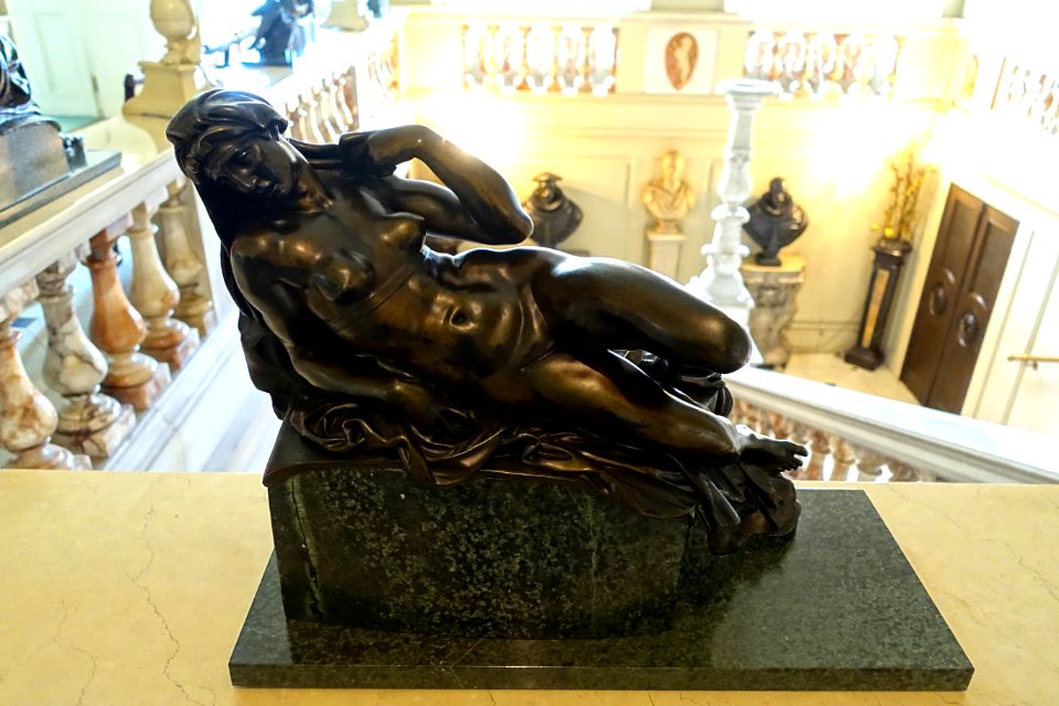Dawn, after Michelangelo, Italy, 1800-1899, bronze on green serpentine base - Kingston Lacy - Dorset, England - DSC03582