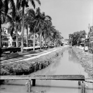De Heiligenweg in Paramaribo met een kanaal en een tramspoor, Bestanddeelnr 252-4940
