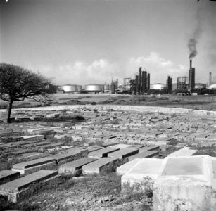 De joodse begraafplaats Beth Haïm op Curaçao met op de achtergrond de olieraffin, Bestanddeelnr 252-7315