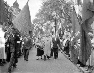 De jarige wandelt door een erehaag van vaandels, Bestanddeelnr 906-0201