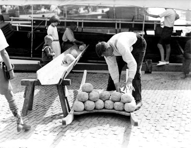 De Kaasmarkt in Alkmaar - man legt kazen in een goot die naar een schip voert, Bestanddeelnr 252-0755