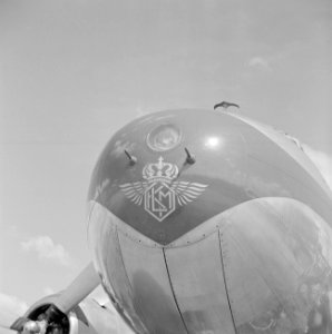 De neus van een KLM Convair 240 met het KLM embleem onder het zoeklicht op de lu, Bestanddeelnr 255-8943
