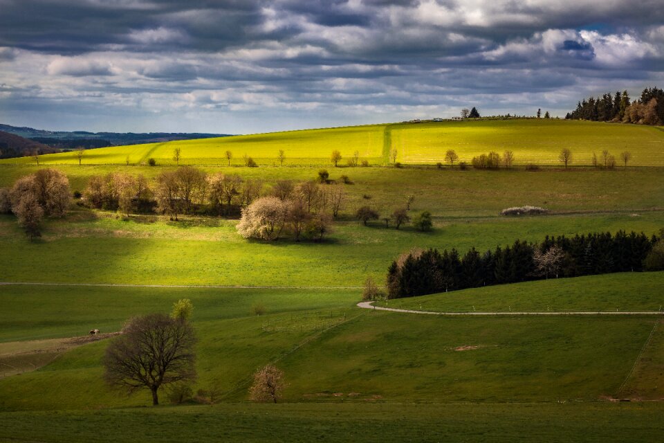 Dramatic clouds field meadow