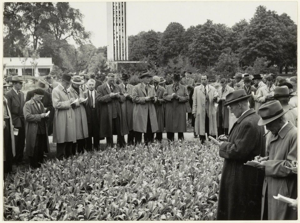 De laatste bezoekers van de FLORA-tentoonstelling, een aantal bollenhandelaren. Zij kwamen voor het opkopen van de bollen die nog in de grond zaten. NL-HlmNHA 54005165