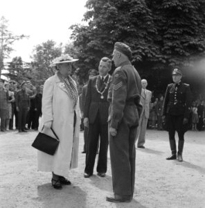 De koningin is in gesprek met een sergeant van de Geneeskundige troepen, naast h, Bestanddeelnr 900-4699