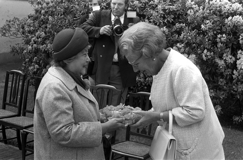 De koningin ontvangt een geschenk van een bezoeker, Bestanddeelnr 925-6658