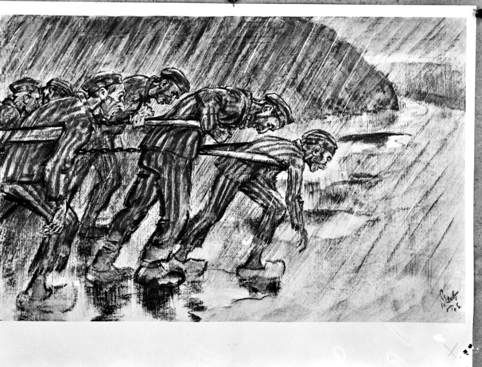 De eeuw van de motor. Joden voor een zware wagen in Buchenwald. Tekening van H, Bestanddeelnr 901-2943