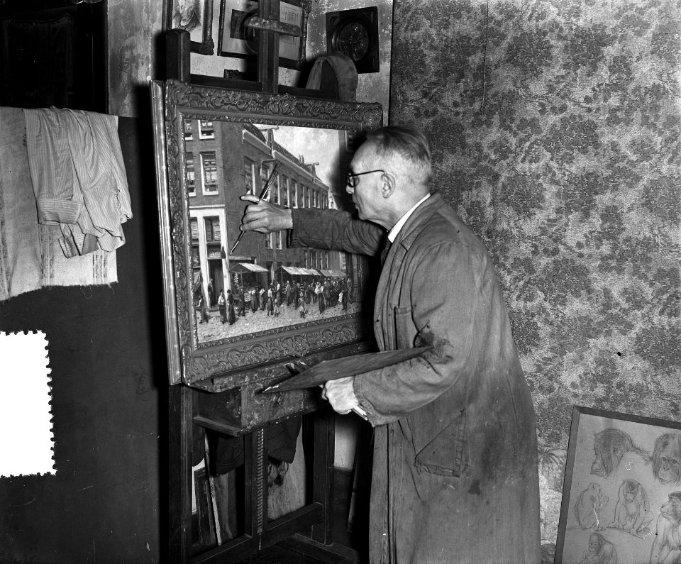 De Amsterdamse schilder G. J. Staller wordt op 2 januari 1955 75 jaar oud, Bestanddeelnr 906-9170