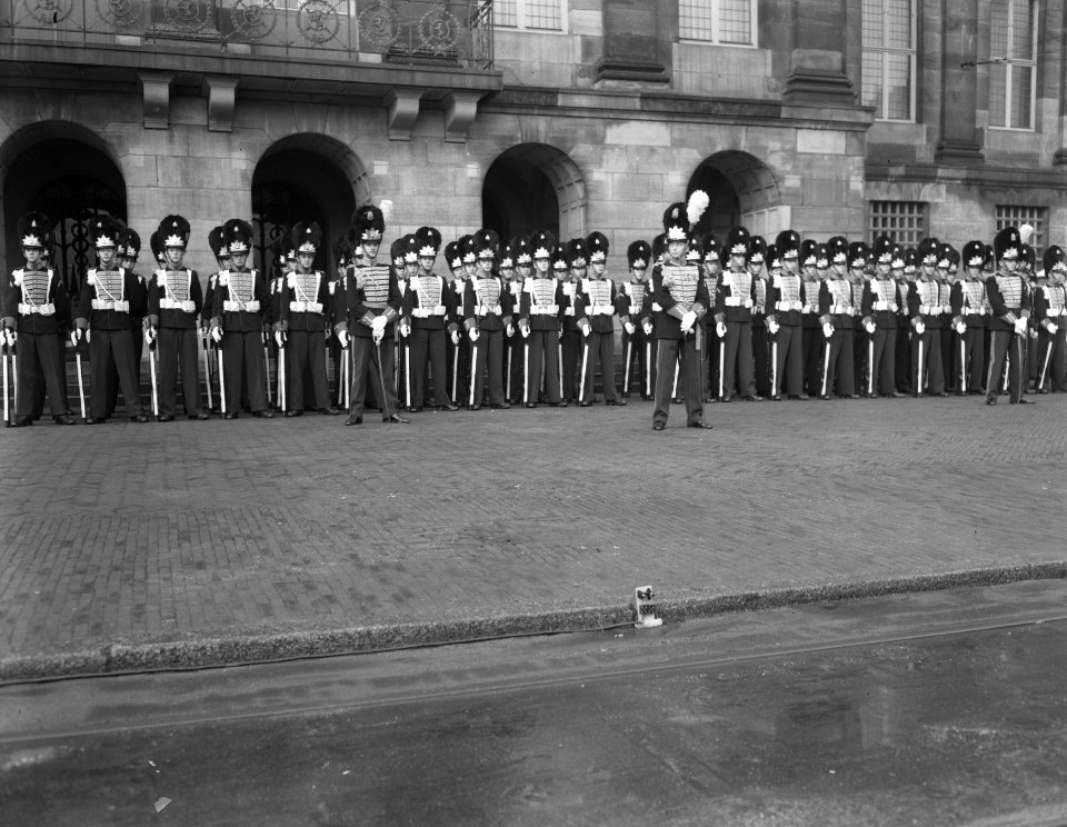 De erewacht voor het paleis. In de stoeprand is een signaallampje aangebracht, Bestanddeelnr 906-9323