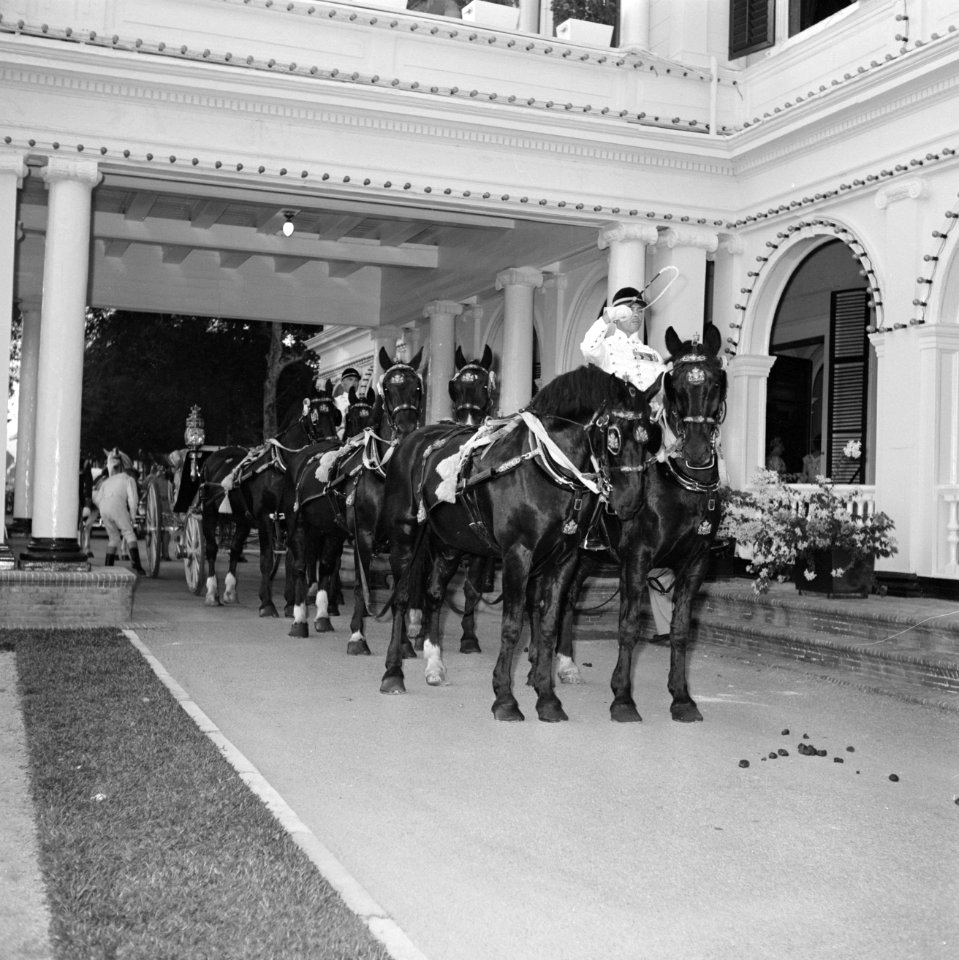 De caleche met paarden rijdt voor bij het Gouvernementspaleis in Paramaribo, Bestanddeelnr 252-4211