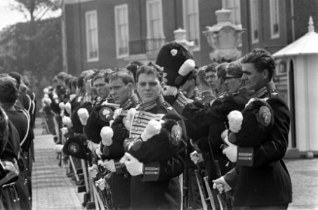 De grenadiers van de erewacht doen hun bontmutsen af, Bestanddeelnr 920-4809