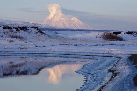 Ash emission reflection kamchatka photo