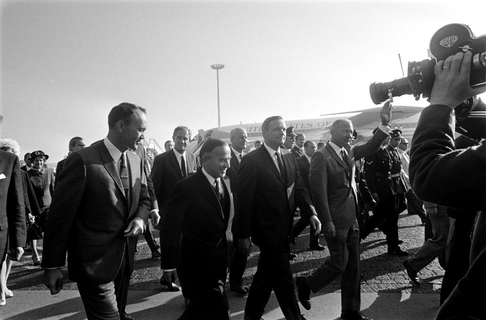 Drie Amerikaanse astronauten Armstrong, Aldrin en Collins (als 1e op de maan) be, Bestanddeelnr 922-8531