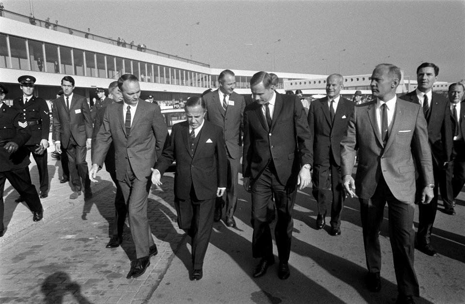 Drie Amerikaanse astronauten Armstrong, Aldrin en Collins (als 1e op de maan) be, Bestanddeelnr 922-8533