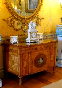 Dressing Commode with Three Graces, Chippendale, late 1700s, marquetry on satinwood with rosewood insets - Yellow Drawing Room - Harewood House - West Yorkshire, England - DSC01891