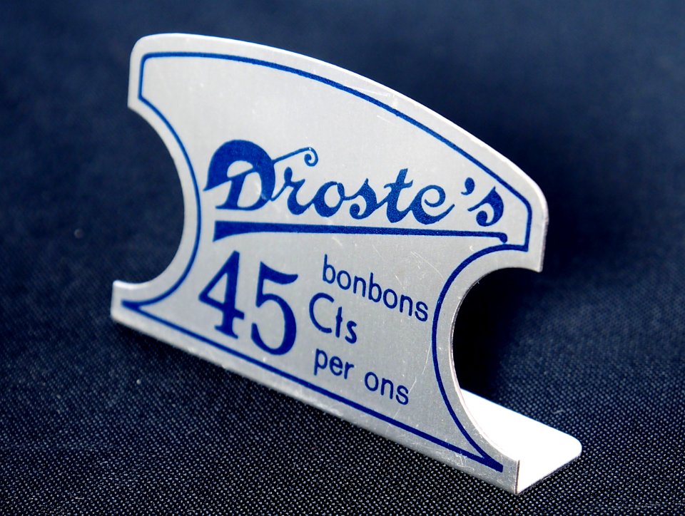 Droste metalen prijskaartje bonbons 45Cts per ons, foto 2