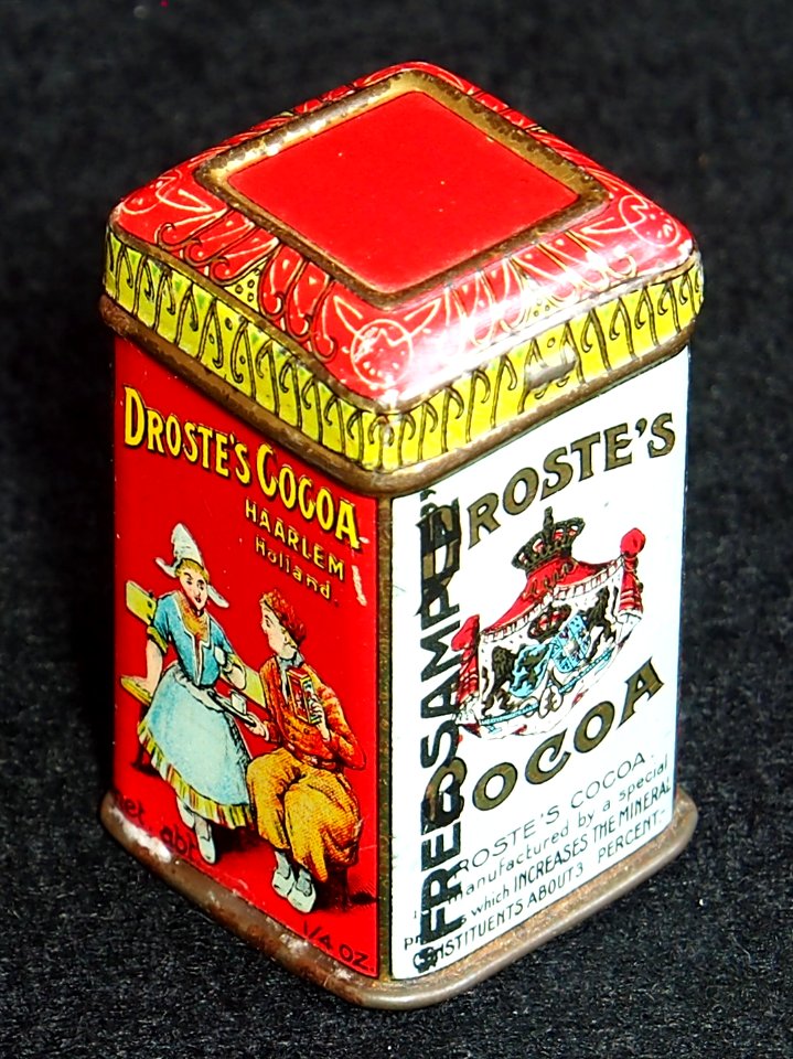 Droste cacao sample blikjes met afbeelding van boer en boerinnetje op een bank, foto4