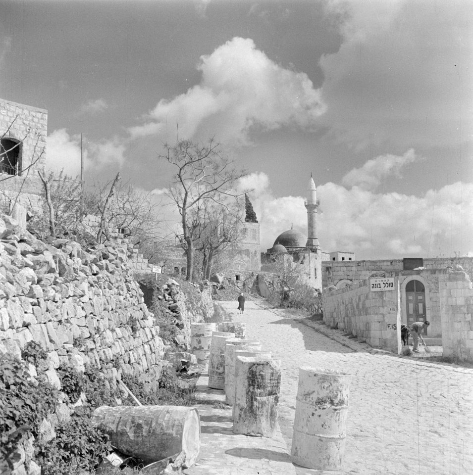 Dorpsgezicht met een moskee, een minaret en enkele huizen en muren langs een weg, Bestanddeelnr 255-1192