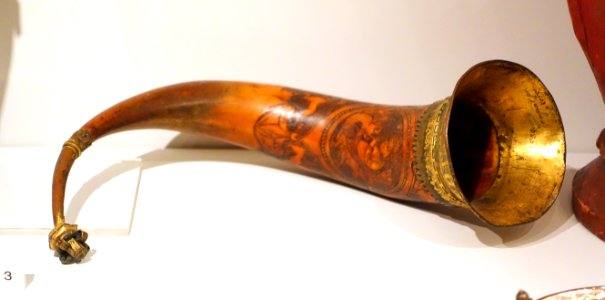 Drinking horn with runes under mount, Norway, horn, gilded bronze mounts and engraving - Nordiska museet - Stockholm, Sweden - DSC09767