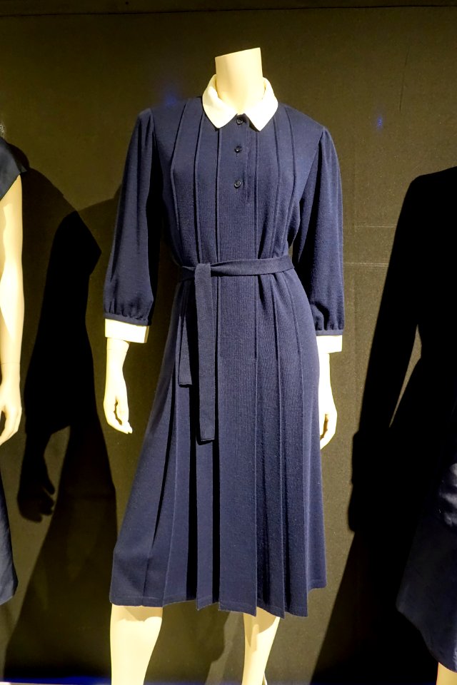 Dress and belt, by Yves Saint-Laurent, 1982, wool, acrylic, cotton, resin - Musée de la mode - Montreal, Canada - DSC07076