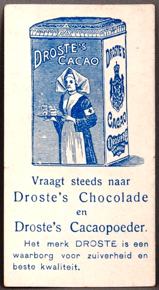 Droste verzamel plaatje van meisje dat bloemen plukt (achterzijde)