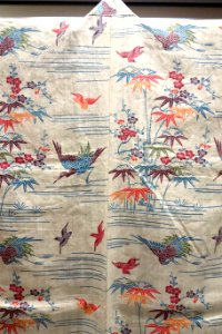 Dress in Bingata Stencil Dyeing, Okinawa Main Island, Second Sho Dynasty, Ryukyu Kingdom, 19th century, view 1, bamboo, crane, and plum design on white ramie ground, hemp - Tokyo National Museum - DSC05388