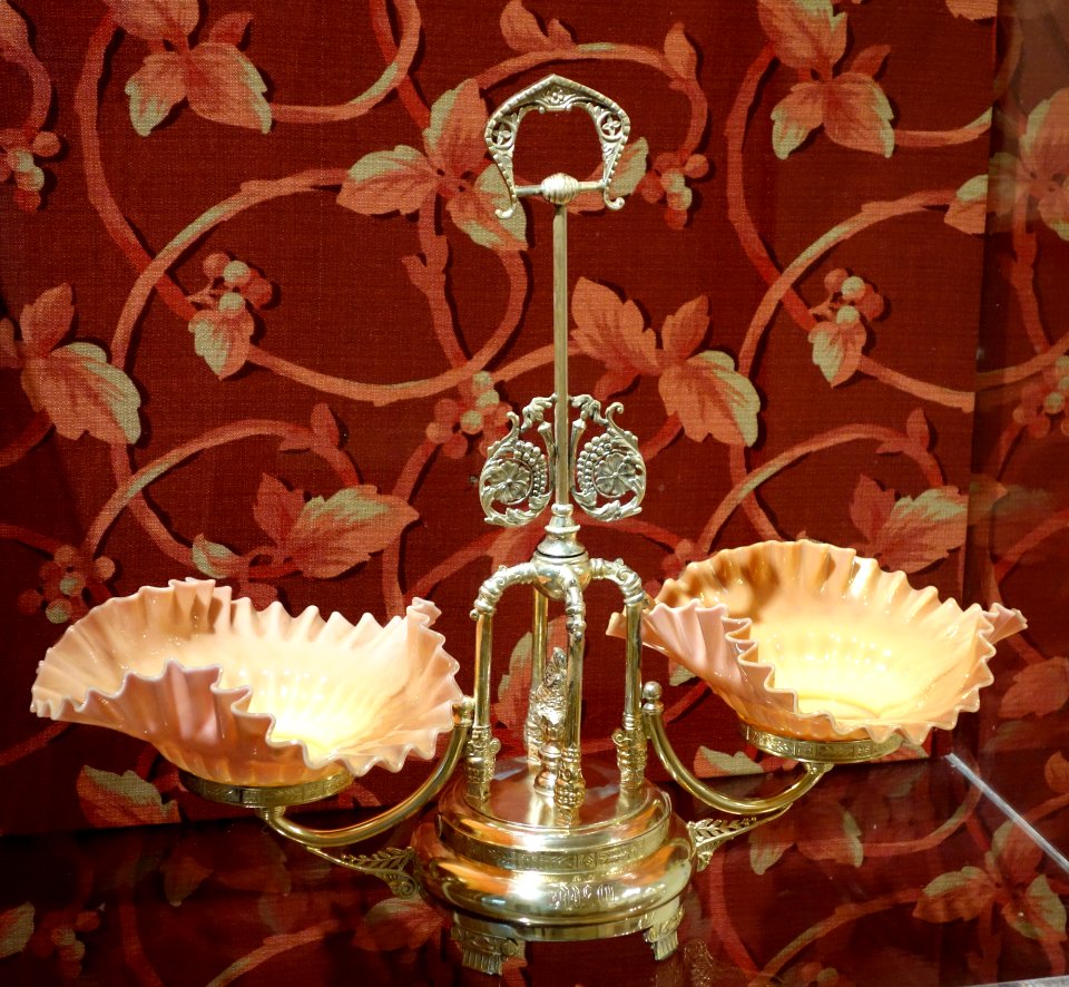 Double Bride's Basket, New Martinsville Glass Mfg. Co., West Virginia, c. 1905, moon gleam or sun glow pink shaded to yellow - Huntington Museum of Art - DSC05538