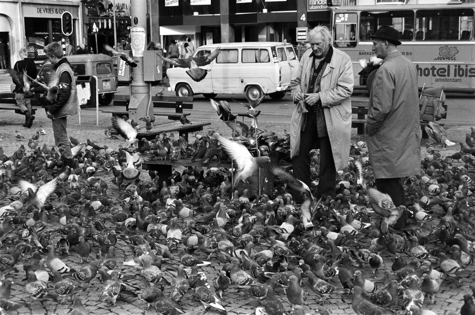 Duiven worden op de Dam in Amsterdam gevoerd, Bestanddeelnr 931-9609