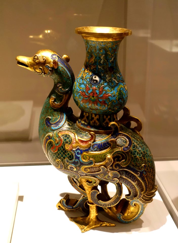 Duck-shaped vessel, China, Imperial Workshop, Beijing, Qianlong period, 1736-1795 AD, cloissone, enamels on copper alloy, gilding - Peabody Essex Museum - DSC08041