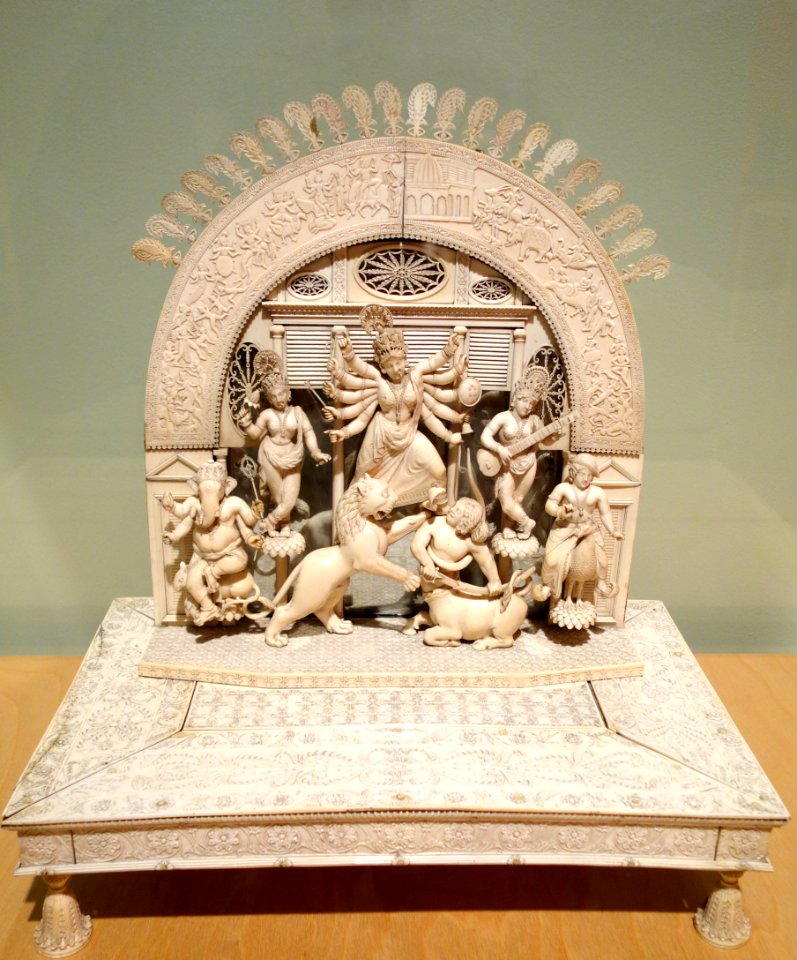 Durga Mahishasuramardini by Toolsee Ram, view 1, India, Bengal, 1836, ivory and mirror - Berkeley Art Museum and Pacific Film Archive - DSC04158