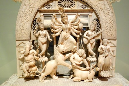 Durga Mahishasuramardini by Toolsee Ram, view 3, India, Bengal, 1836, ivory and mirror - Berkeley Art Museum and Pacific Film Archive - DSC04163