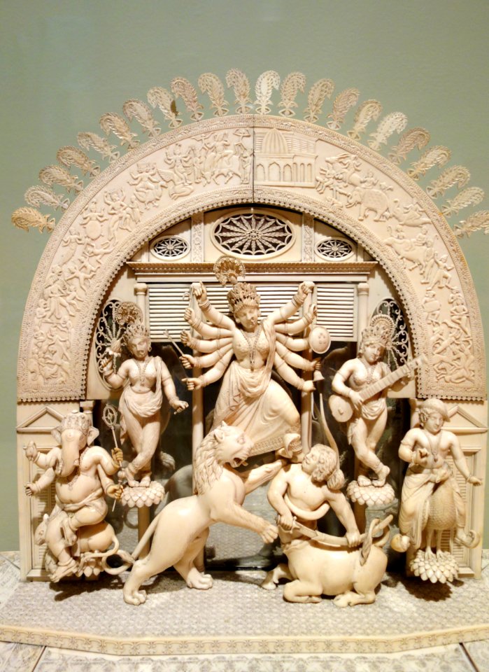 Durga Mahishasuramardini by Toolsee Ram, view 2, India, Bengal, 1836, ivory and mirror - Berkeley Art Museum and Pacific Film Archive - DSC04160