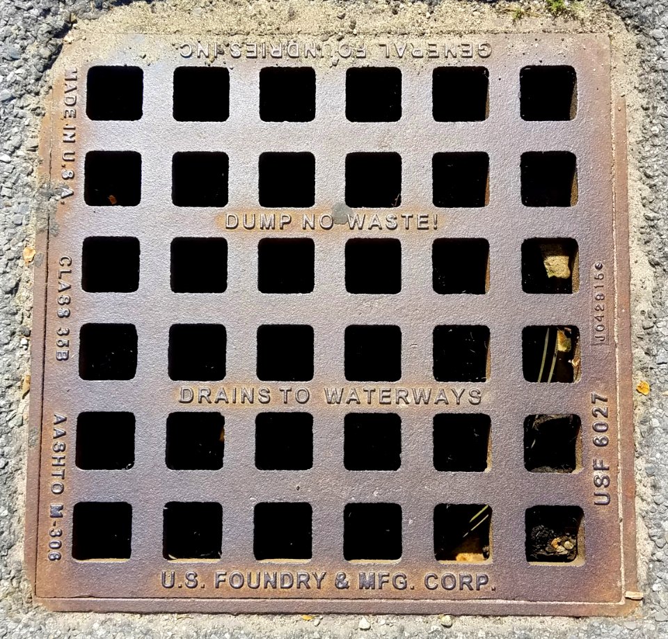 Dump No Waste Drains to Waterways, U.S. Foundry Mfg. Corp., General Foundries Inc, Made in USA, Class 35B, USF 6027 - grate - Arlington, MA - 20200707 094412