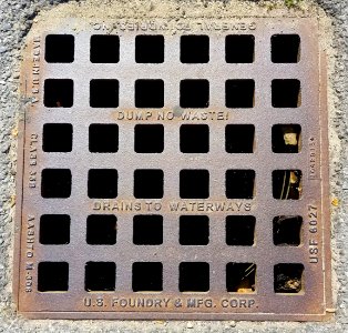 Dump No Waste Drains to Waterways, U.S. Foundry Mfg. Corp., General Foundries Inc, Made in USA, Class 35B, USF 6027 - grate - Arlington, MA - 20200707 094412