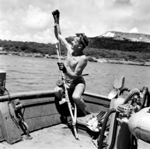 Duiker Hakkenburg op een boot in de Fuikbaai. Op de achtergrond de Tafelberg, Bestanddeelnr 252-2973