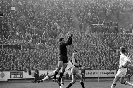 Dukla Praag tegen Ajax 2-1. Spelmoment voor het doel van keeper Viktor, Bestanddeelnr 920-1444