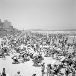 Drukbezocht strand vol met badgasten in strandstoelen, Bestanddeelnr 255-1970