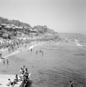 Druk bezocht strand waar badgasten in zee zwemmen (aan de kant zit een man met h, Bestanddeelnr 255-1948