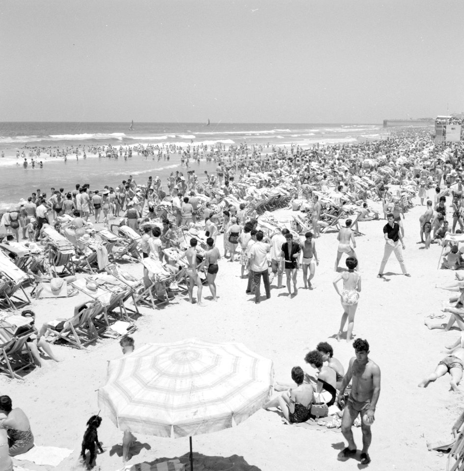 Drukbezocht strand met badgasten in strandstoelen (middenvoor staat een parasol , Bestanddeelnr 255-1977