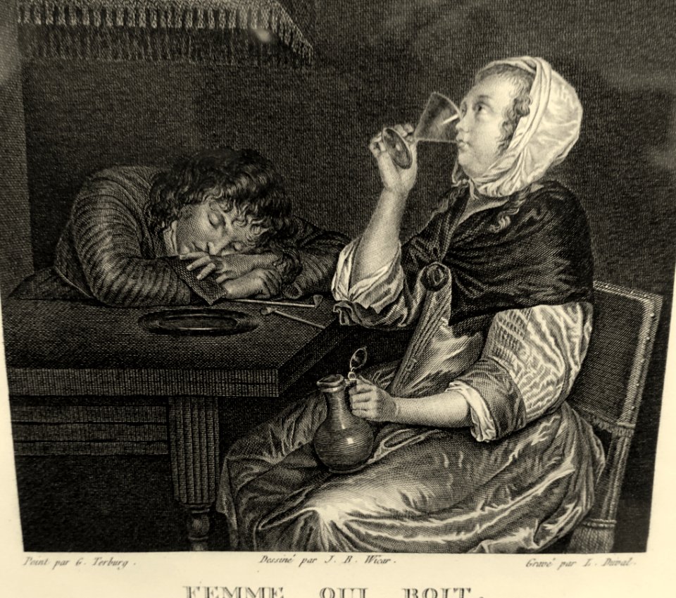 Drinking woman (femme quit boit), by Jean-Baptiste Wicar and I. Duval, after Gerard Ter Borch the younger, undated, engraving - Villa Vauban - Luxembourg City - DSC06578