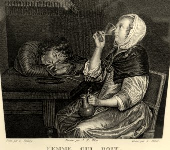 Drinking woman (femme quit boit), by Jean-Baptiste Wicar and I. Duval, after Gerard Ter Borch the younger, undated, engraving - Villa Vauban - Luxembourg City - DSC06578