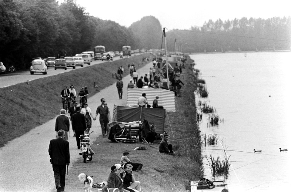 Drukte in Amsterdamse Bos , vissen langs de Bosbaan, Bestanddeelnr 917-8456