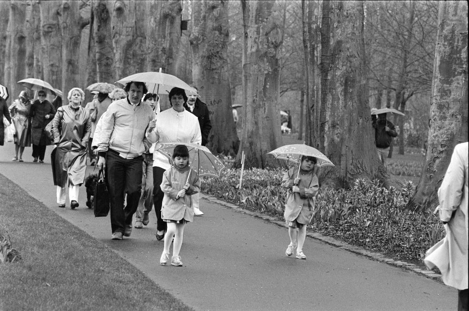 Drukte in kassen op Keukenhof mensen met paraplu's wandelend door de Keukenhof, Bestanddeelnr 933-2879