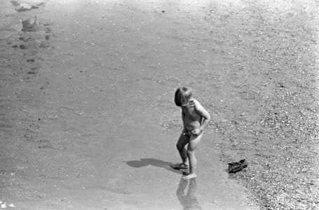 Drukte op het Scheveningse strand, groot en klein pootje baden in zee, Bestanddeelnr 916-4435