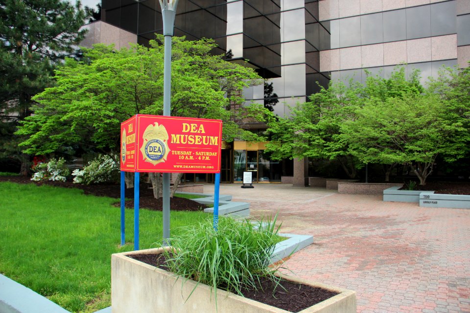 Drug Enforcement Administration Museum and Visitors Center front entrance, April 2019