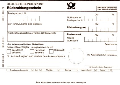 Deutsche Bundespost Rückzahlungsschein von 1987