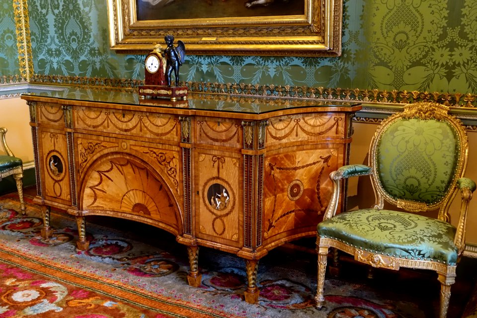 Diana and Minerva Commode by Thomas Chippendale, 1773, mahogany and exotic woods, State Bedroom - Harewood House - West Yorkshire, England - DSC01815