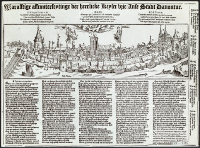 Deventer. De stad gezien vanuit het westen van over de IJssel. Houtsnede uit ca., Bestanddeelnr 129-1107