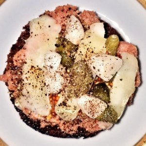 Deviled ham with cheddar, cornichons, pickled garlic, mustard, and black pepper on toasted Boston brown bread - Massachusetts