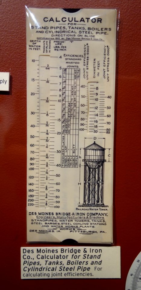 Des Moines Bridge & Iron Co., Calculator for Stand Pipes, Tanks, Boilers and Cylindrical Steel Pipe - MIT Slide Rule Collection - DSC03621